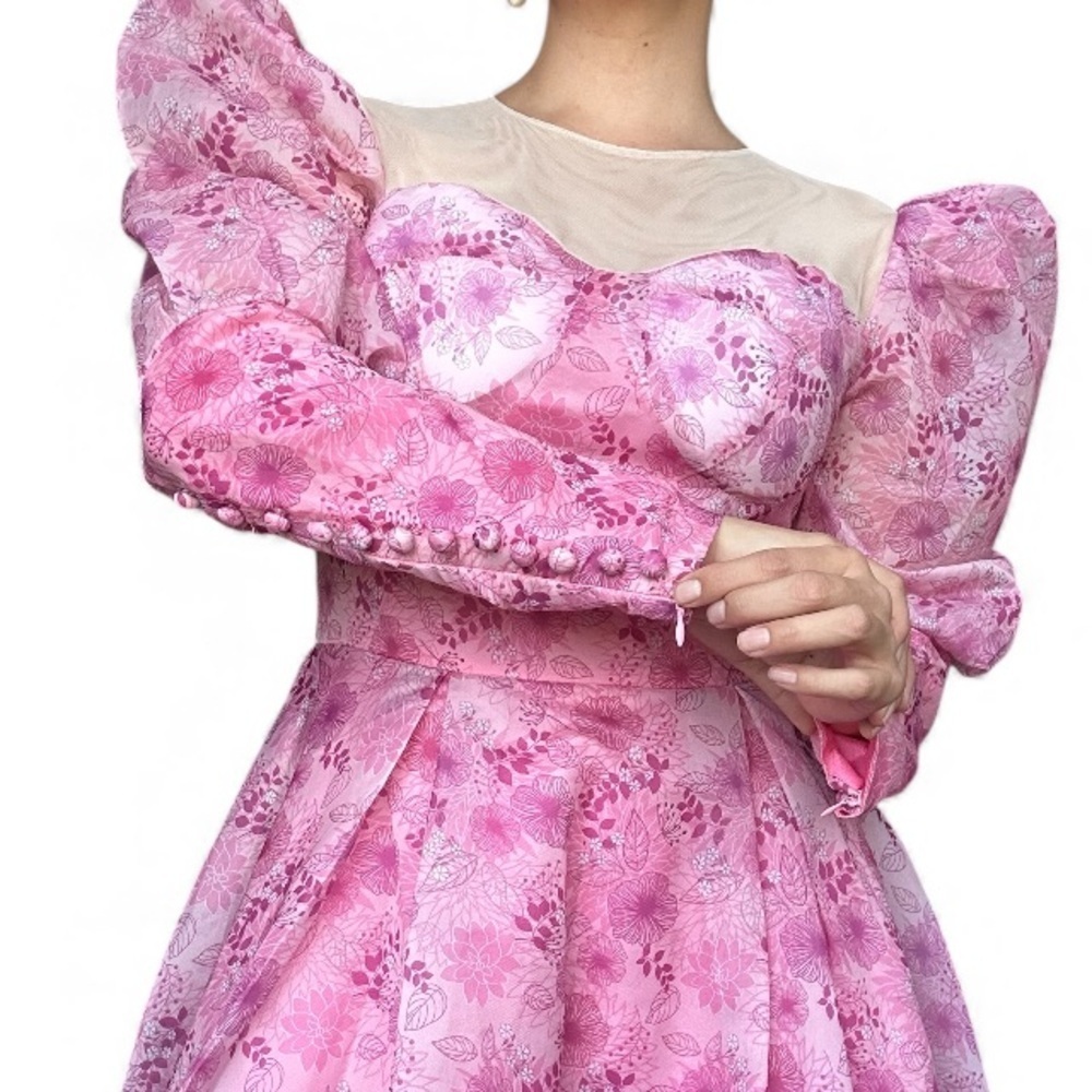 Dreamy Pink Floral Puff-Sleeve Midi Dress | Decorative Buttons | Size Small - Picture 7 of 16